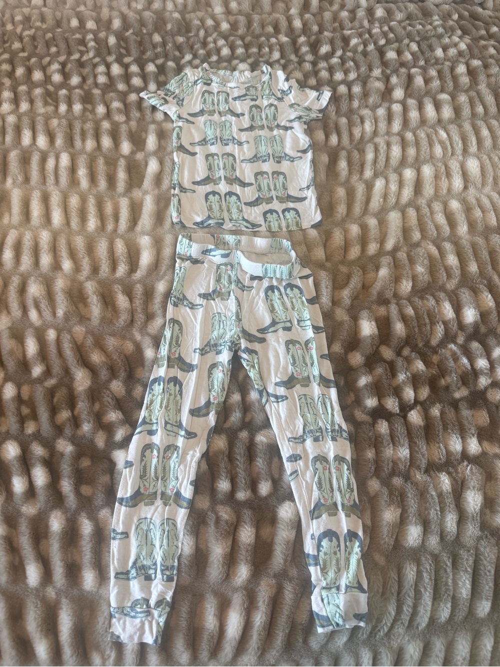 Pink Chicken White Pajama Set with Mint Cowboy Boot Print